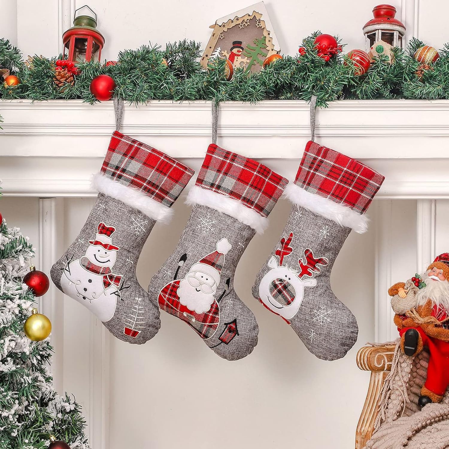 Burlap Christmas Stockings 3 Pack, 18" Red/Grey Buffalo Plaid Embroidered Cute Santa Snowman Reindeer Plush Large Hanging Stockings for Christmas Decorations Ornaments Gifts Stuffers Bag Clearance