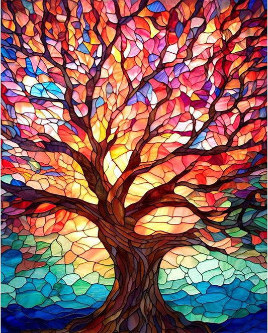 Tree Paint by Numbers for Adults-Stained Glass Paint by Number on Canvas without Frame,Diy Trees Oil Painting for Gift Home Wall Decor(16X20Inch)