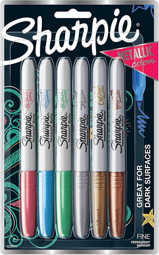 Metallics Permanent Markers, Fine Tip, Assorted Colors, 6 Pack