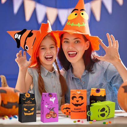 Halloween Treats Bags Party Favors 80 Pcs Kids Halloween Candy Bags for Trick or Treating + 84 Pcs Halloween Stickers, Mini Paper Gift Bags for Treats Snacks, Halloween Goodie Bags Party Supplies