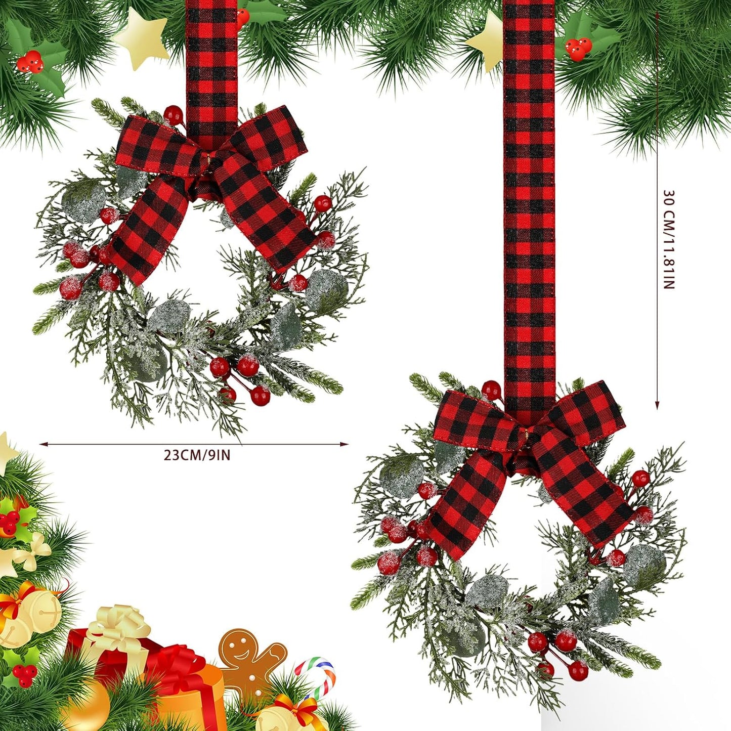 2 Pcs 9" Small Christmas Wreath Mini Cabinet Wreaths for Kitchen Christmas Red Berry with Red and Black Plaid Bow Farmhouse Wreath for Holiday Christmas Party Decorations