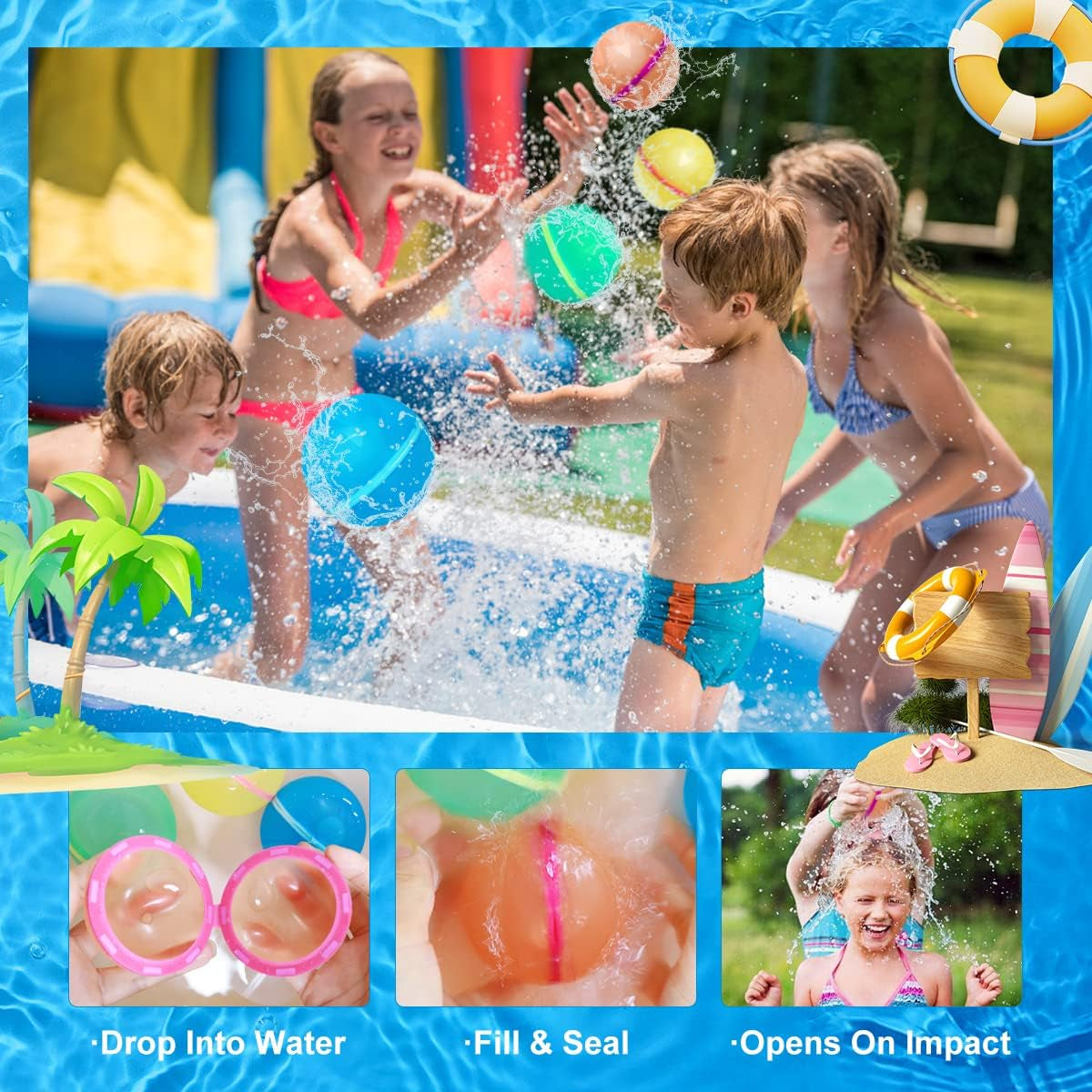 Reusable Water Balloons,12Pcs Latex-Free Silicone Water Balloons,Water Bomb Refillable for Water Games Outdoor Summer Fun Party