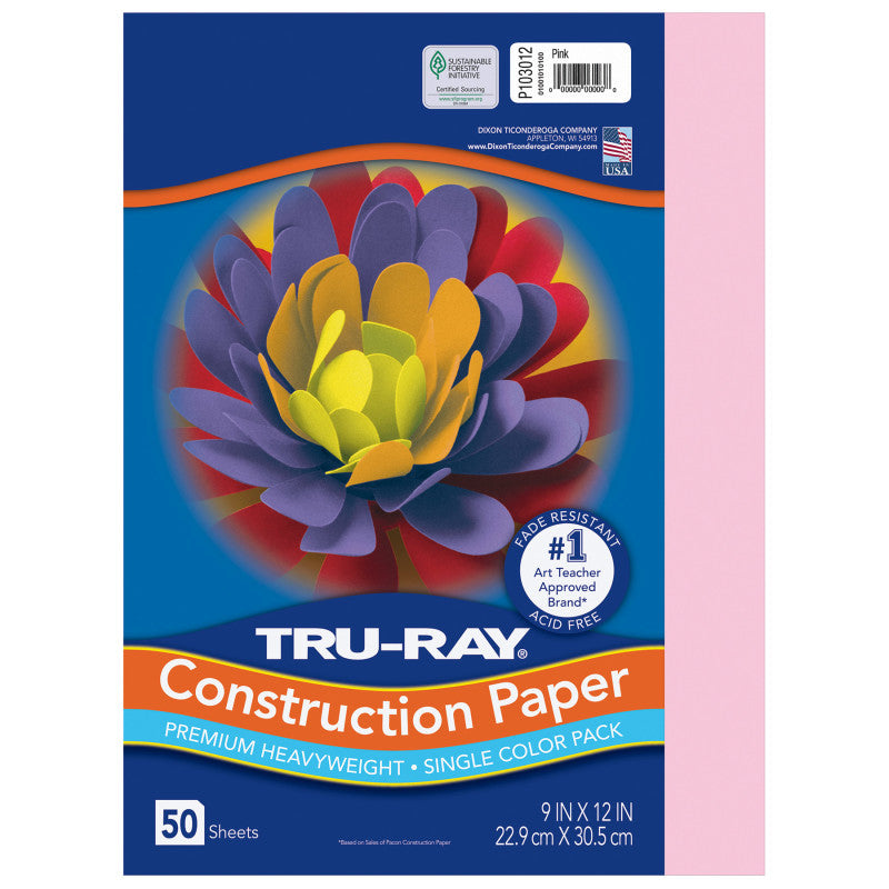 Construction Paper, Heavyweight, Pink, 9" x 12", 50 Sheets