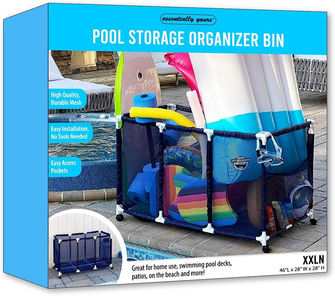 Pool Noodles Holder, Toys, Balls and Floats Equipment Mesh Rolling Storage Organizer Bin, Kids Height, Large, (43" W X 25" L X 28" H), Blue/White Style 563009