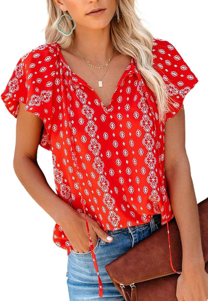 Women'S Casual Boho Floral Printed V Neck Tops Drawstring Short Long Sleeve T Shirt Blouses