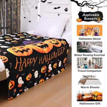 Halloween Throw Blanket Cute Pumpkin Black Blanket Halloween Blanket Flannel Throw Blanket for Couch Super Soft Cozy Comfy for Chair, Bed, Sofa, 50X60 In