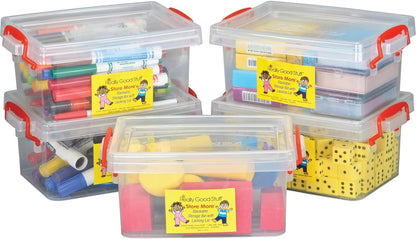 Small Clear Plastic Stackable Storage Tubs with Locking Lid – Red Handles Lock Lid in Place – Hold Supplies, Manipulatives and More in Classroom or Home, 8”X4”X5” (Set of 5)
