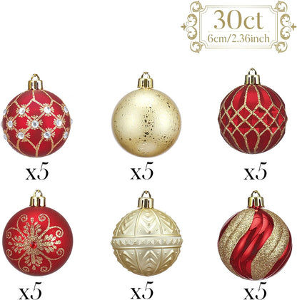 Christmas Ornaments Set, 30Ct Red and Gold Shatterproof Christmas Tree Decorations Ball Ornaments Bulk, 2.36 Inches Luxury Hanging Ornaments for Xmas Trees Holiday Decor