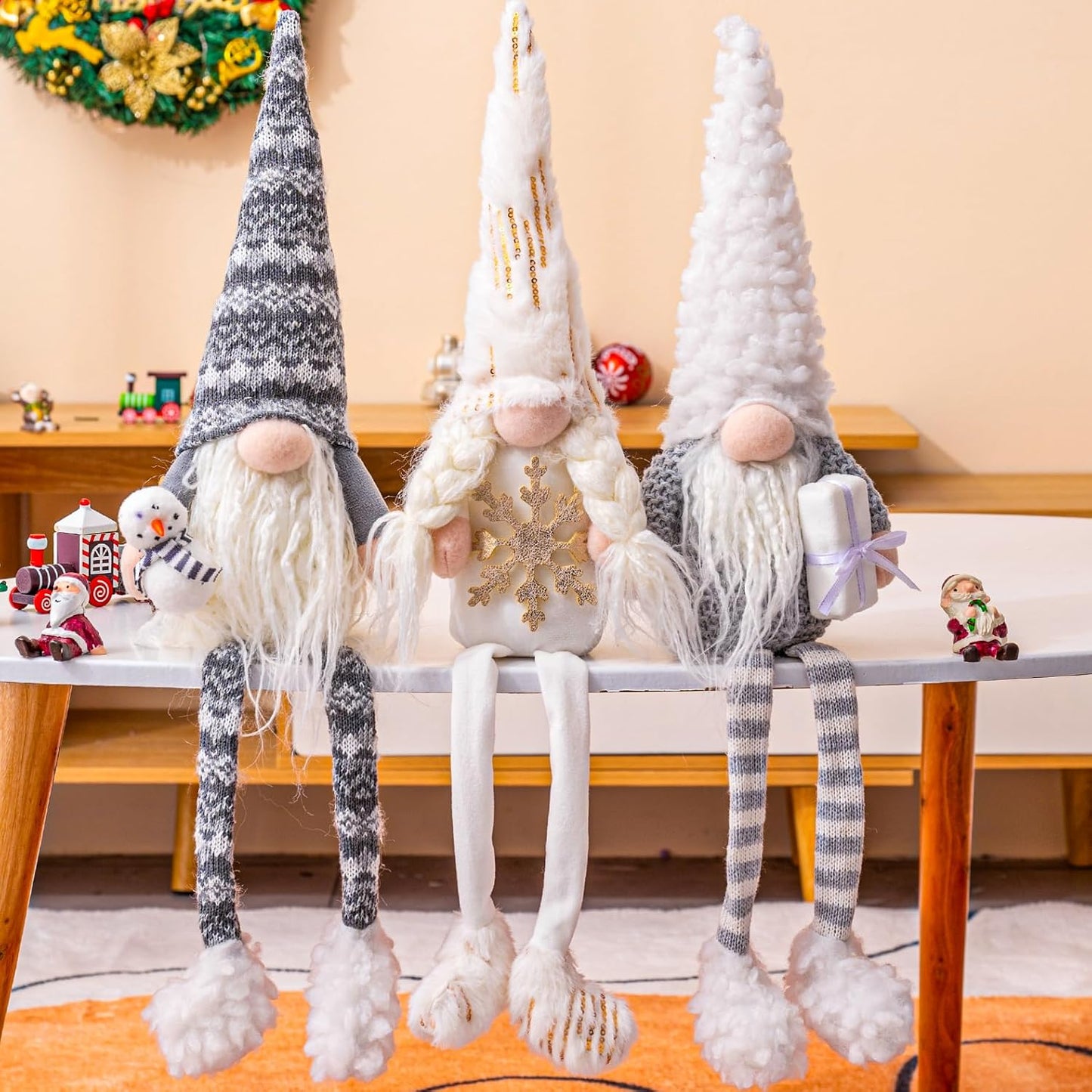 Christmas Gnomes Plush Elf Decoration,3Pcs Handmade Winter Gnomes Snowflake for Home Office Table Ornament Tiered Tray Party Decor