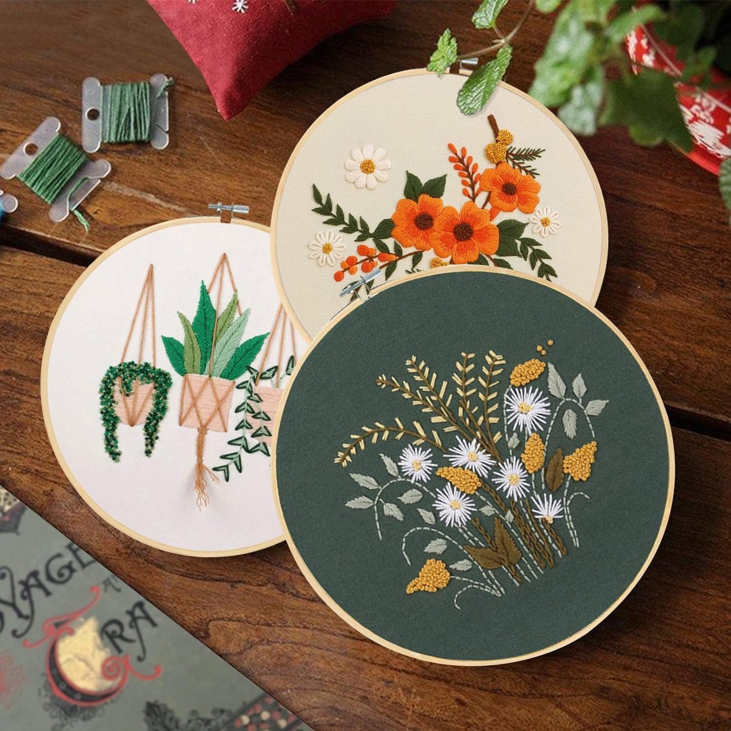 3 Sets Embroidery Kit for Beginners Needlepoint Cross Stitch Kits for Adults,Stitch Learning DIY Kit with Easy Instruction Video,Stamped Floral Embroidery Patterns,Hoop,Threads,Sewing Hobby