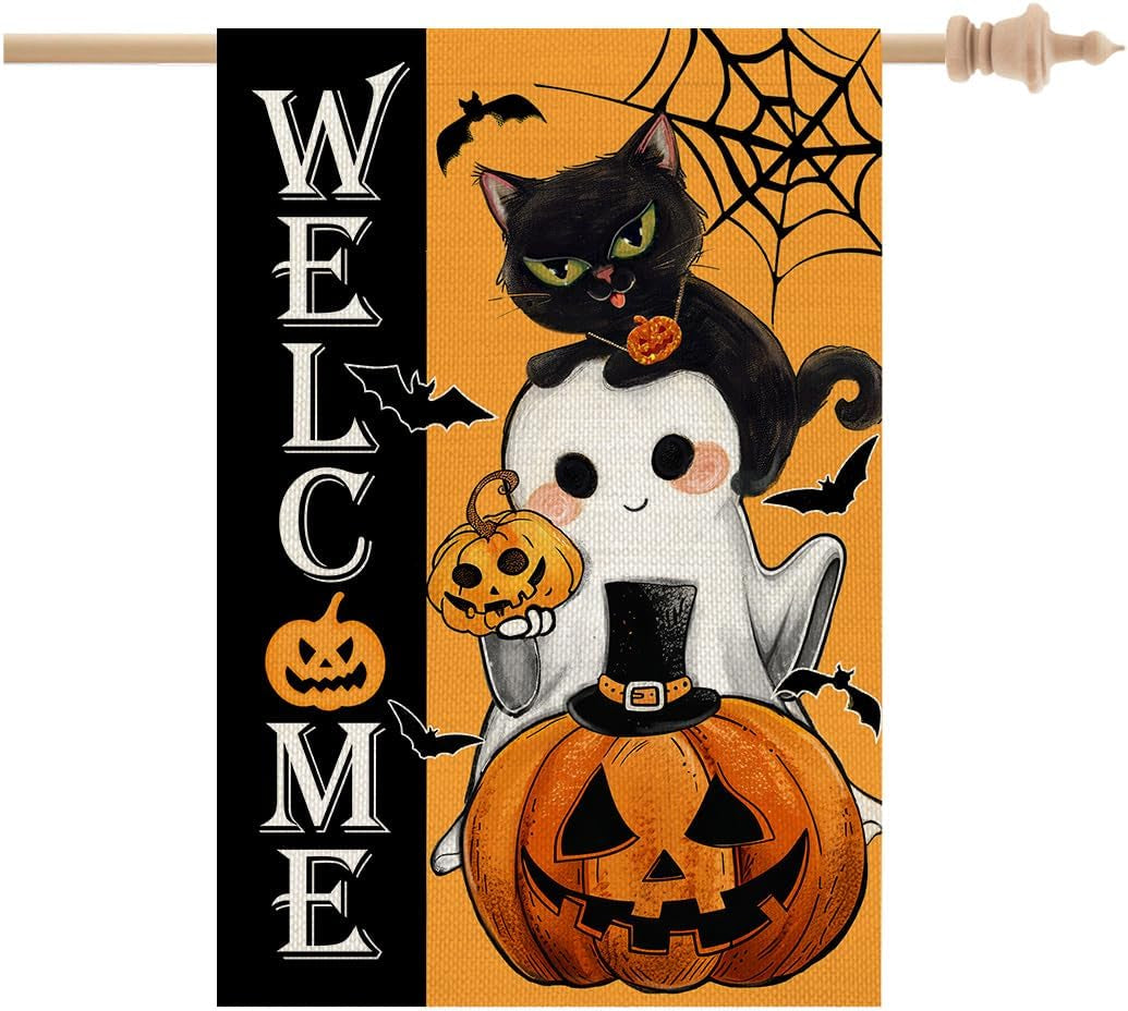 Halloween House Flag Ghost Cat Pumpkin 28X40 Inch Double Sided Large Burlap for outside Holiday Yard Flag CF1609-40