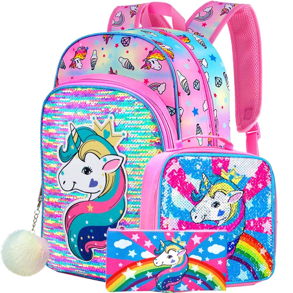 3PCS Unicorn Backpack for Girls, 16" Little Kids Sequin Preschool School Bookbag and Lunch Box