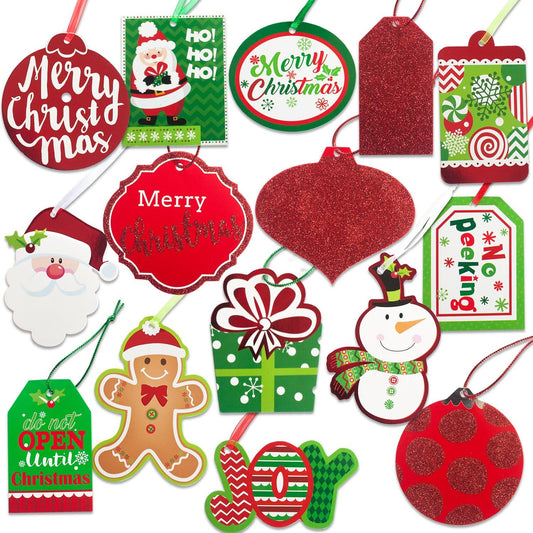 Christmas Gift Tags 60 Count with Untied String (15 Assorted Glitter, Foil, Printed Designs for DIY Xmas Present Wrap and Label Package Name Card)