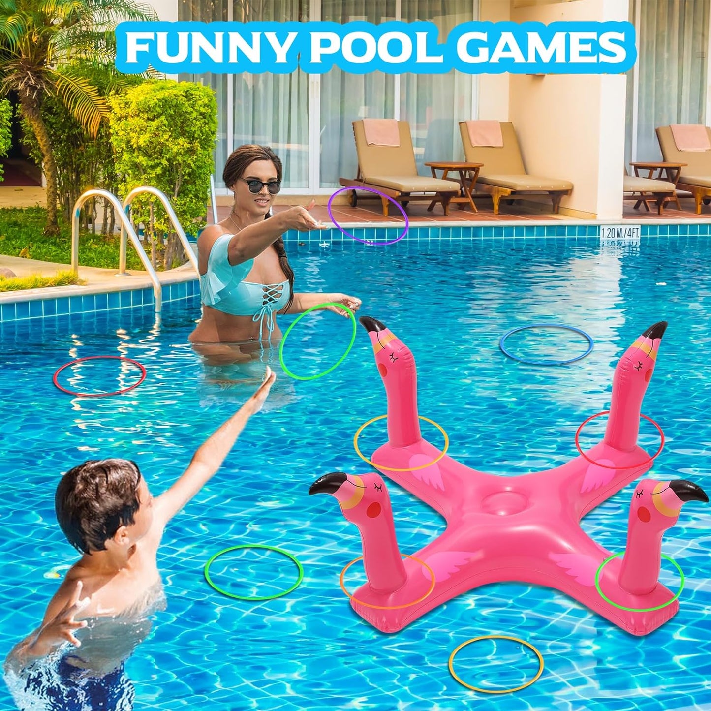 Inflatable Pool Ring Toss Games Toys, Floating Shark Flamingo Swimming Pool Ring with 6Pcs Rings, Swimming Pool Games for Kids Adults Summer Pool Party