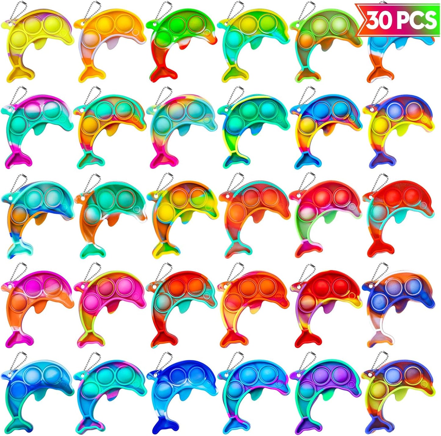 Pop Fidget Toys Bulk Its Kids Party Favors 30 PCS Cute Dolphin Mini Pop Keychain It Sensory Fidget Toy Pack Fidgets for Classroom Prizes for Kids Students Carnival Prizes Birthday Goodie Bag Stuffers