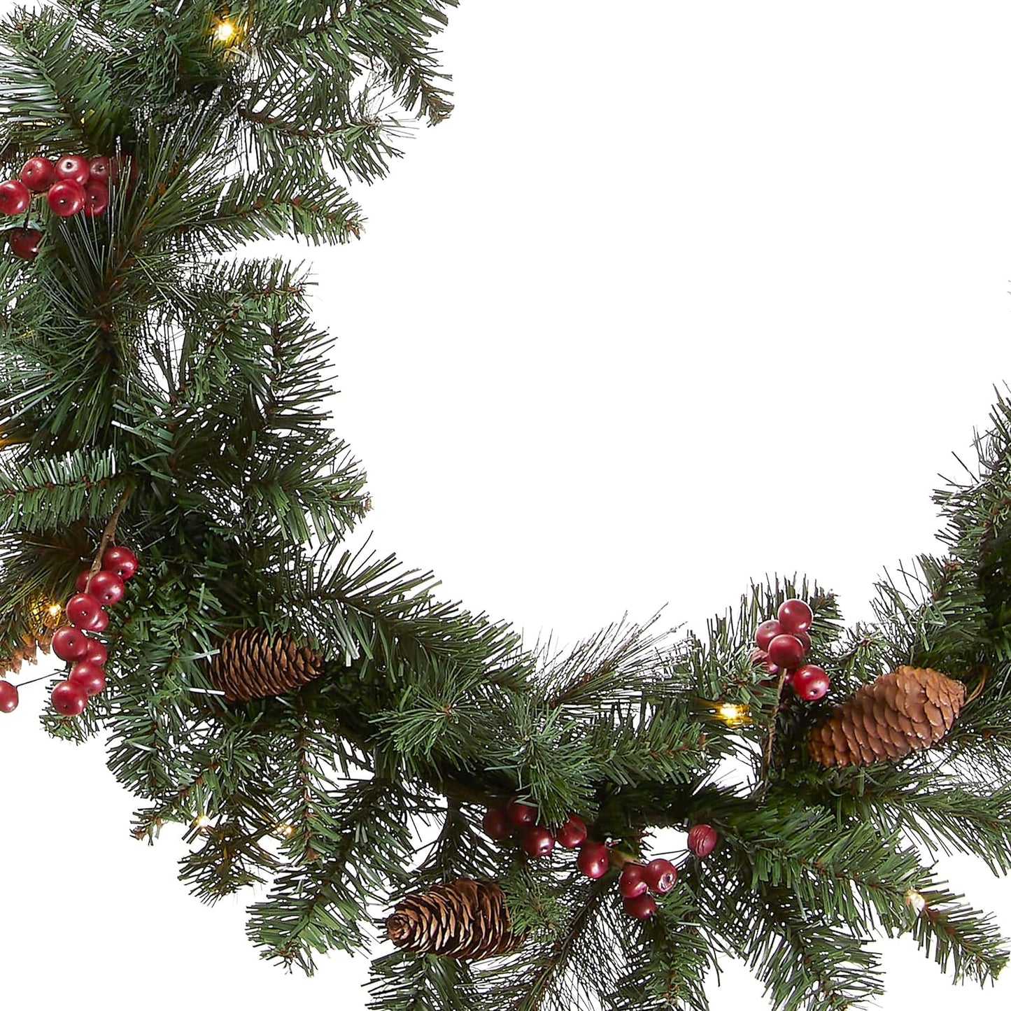 Pre-Lit Artificial Christmas Garland, Green, Crestwood Spruce, White Lights, Decorated with Pine Cones, Berry Clusters, Plug In, Christmas Collection, 9 Feet