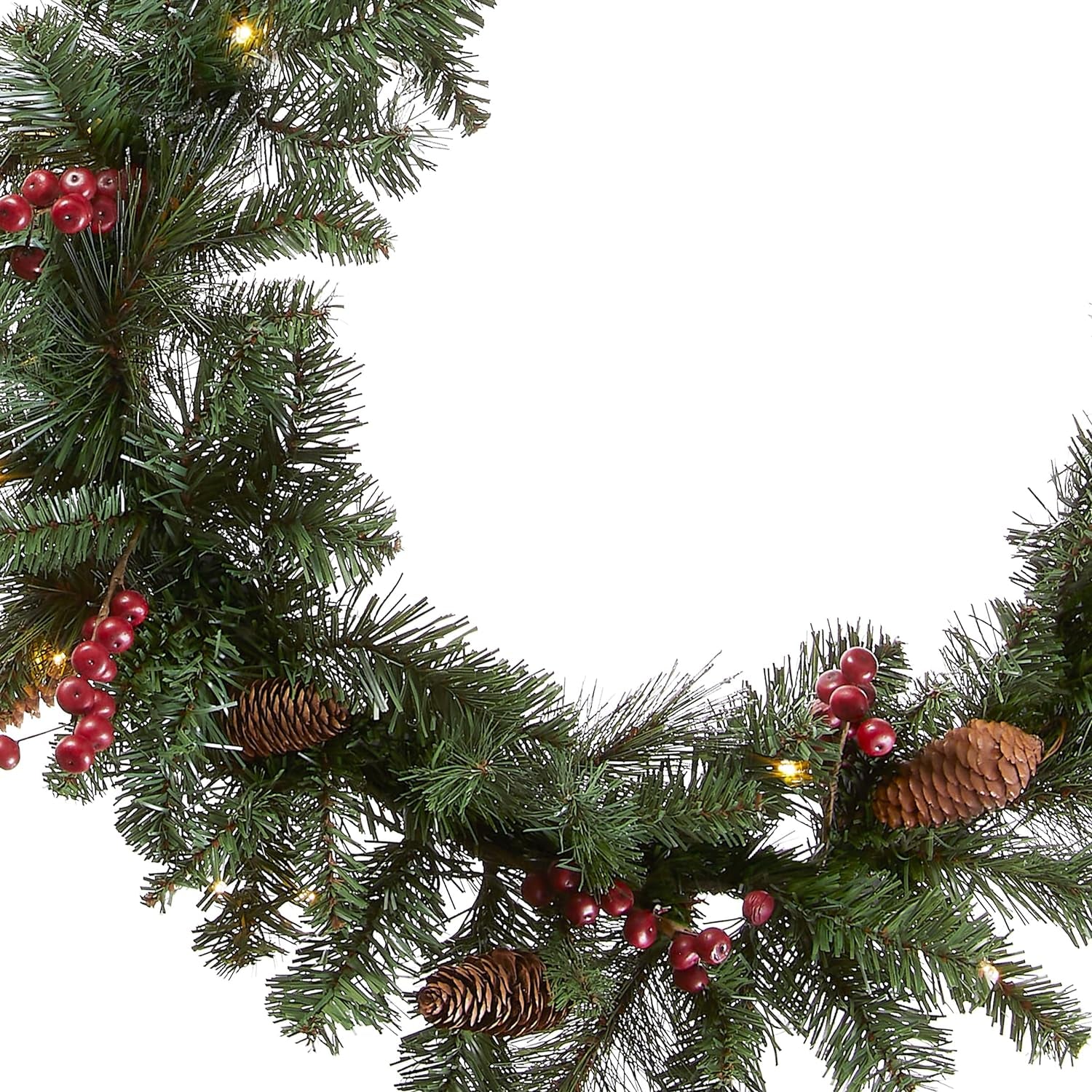 Pre-Lit Artificial Christmas Garland, Green, Crestwood Spruce, White Lights, Decorated with Pine Cones, Berry Clusters, Plug In, Christmas Collection, 9 Feet