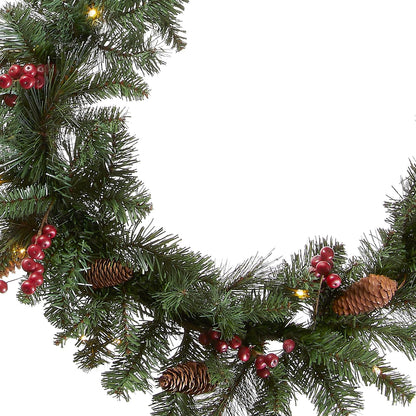 Pre-Lit Artificial Christmas Garland, Green, Crestwood Spruce, White Lights, Decorated with Pine Cones, Berry Clusters, Battery Operated, Christmas Collection, 9 Feet