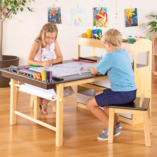 Deluxe Art Center: Drawing and Painting Table for Kids, W/ Two Stools, Craft Supplies Storage Shelves, Canvas Bins, Paper Roll – Preschool Toddler Wooden Learning Furniture