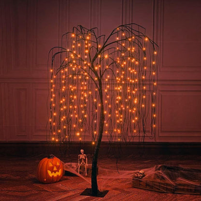 7 Feet Halloween Tree, 256 LED Lights for Home, Festival,Nativity,Party, and Christmas Witch Decoration,Includes Spiders and White Cobweb,Indoor and Outdoor, Orange