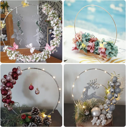12 Pack Floral Hoop with Stand and LED Fairy Lights 14 Inch Metal Rings for DIY Centerpiece Table Decorations Crafts Macrame Rings Hoop Wreath Dream Catcher Rings Wedding Christmas Wreaths, Silver
