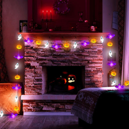 Halloween Lights, 16.4FT 30 LED Pumpkin Bat Ghost Battery Operated Orange and Purple String Lights Strobe 8 Lighting Modes Timer Fairy Indoor Outdoor Window Front Porch Decor Party Decorations