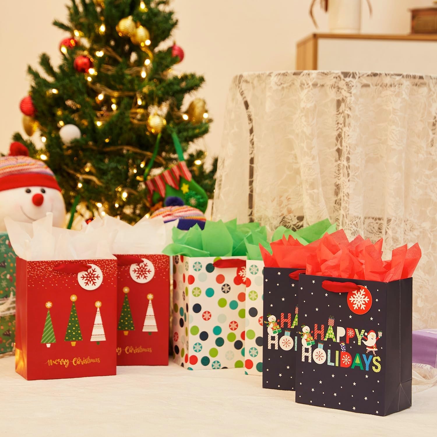 6 Pack 9" Small Christmas Gift Bags with Tissue Paper