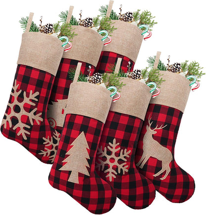 Christmas Stockings Decorations 6 Pack, 18 Inches Red Black Buffalo Plaid Xmas Ornaments, Rustic Cotton Linen with Embroidered Burlap, DIY Personalized Farmhouse Decor for Home Family Party Tree