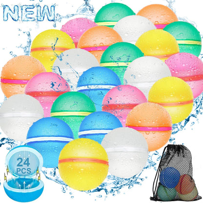 Reusable Water Balloons for Kids,24 PCS Magnetic Refillable Latex-Free Silicone Water Bomb with Mesh Bag, Summer Toys Beach Toys Swimming Pool Party Supplies Bath Toy Outdoor Idea Gift for Kids