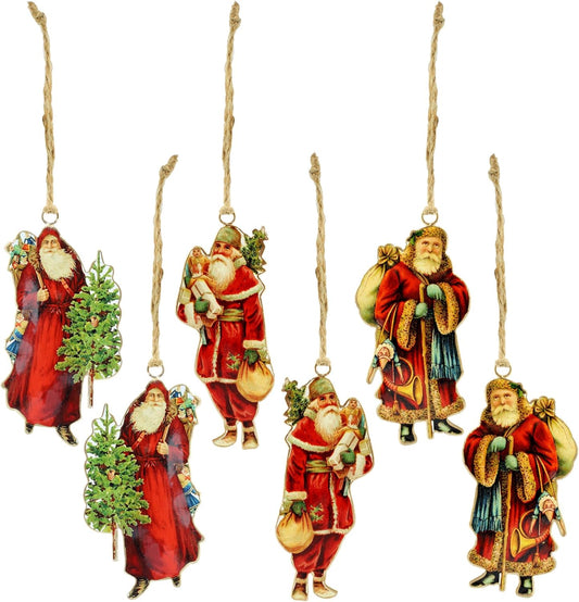 Auldhome Vintage Santa Christmas Ornaments (3 Designs, 6 Ornaments Total); Nostalgic Retro Tree Decorations in Metal Frames