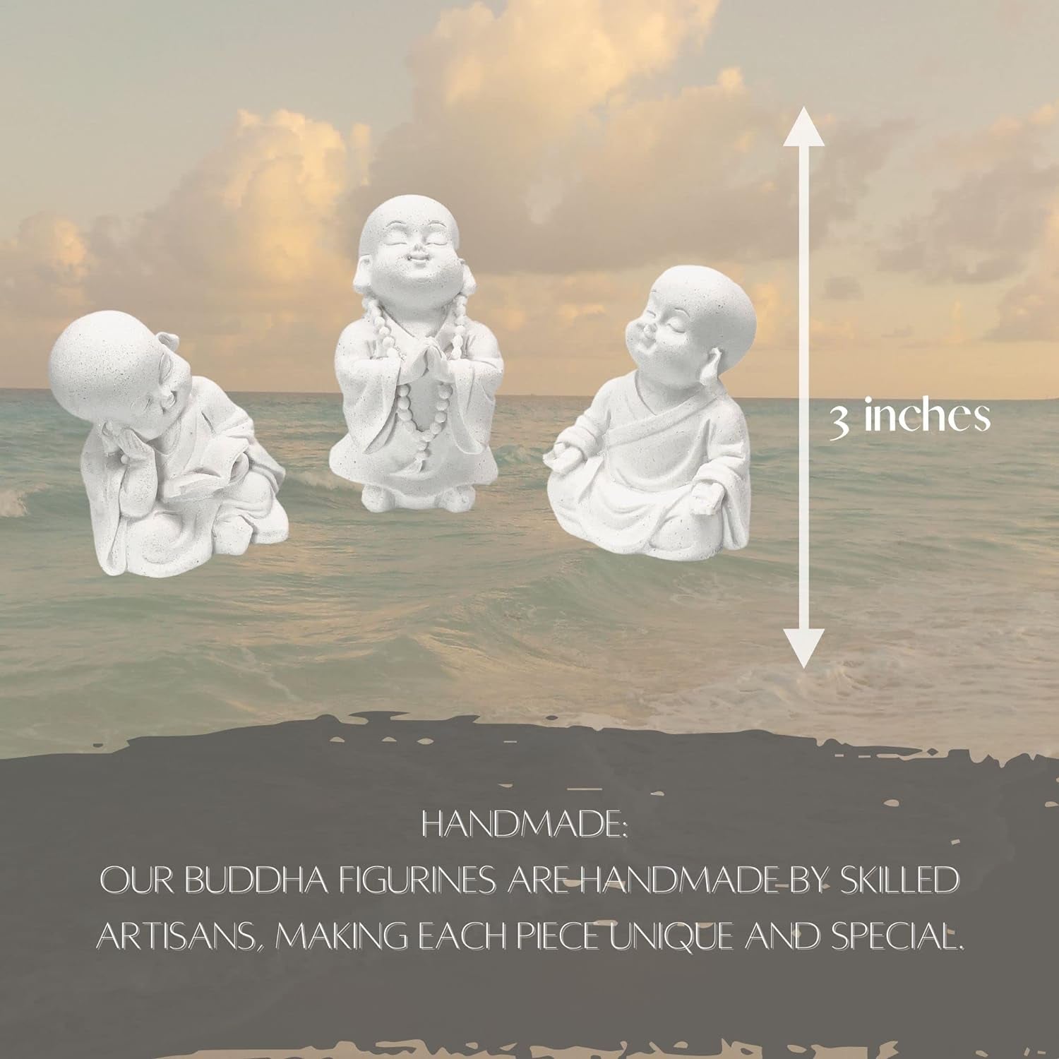 Baby Buddha Statues Cute Adorable Jizo Monks Happy Laughing Sitting Praying Meditating Relaxing Lovely Smiling Little Cutie Home Decor Set of 3 Figurines 3 Inch Sculptures