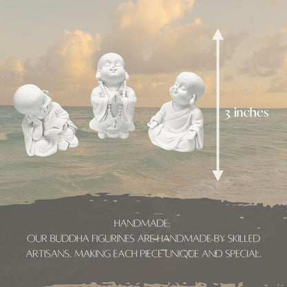 Baby Buddha Statues Cute Adorable Jizo Monks Happy Laughing Sitting Praying Meditating Relaxing Lovely Smiling Little Cutie Home Decor Set of 3 Figurines 3 Inch Sculptures