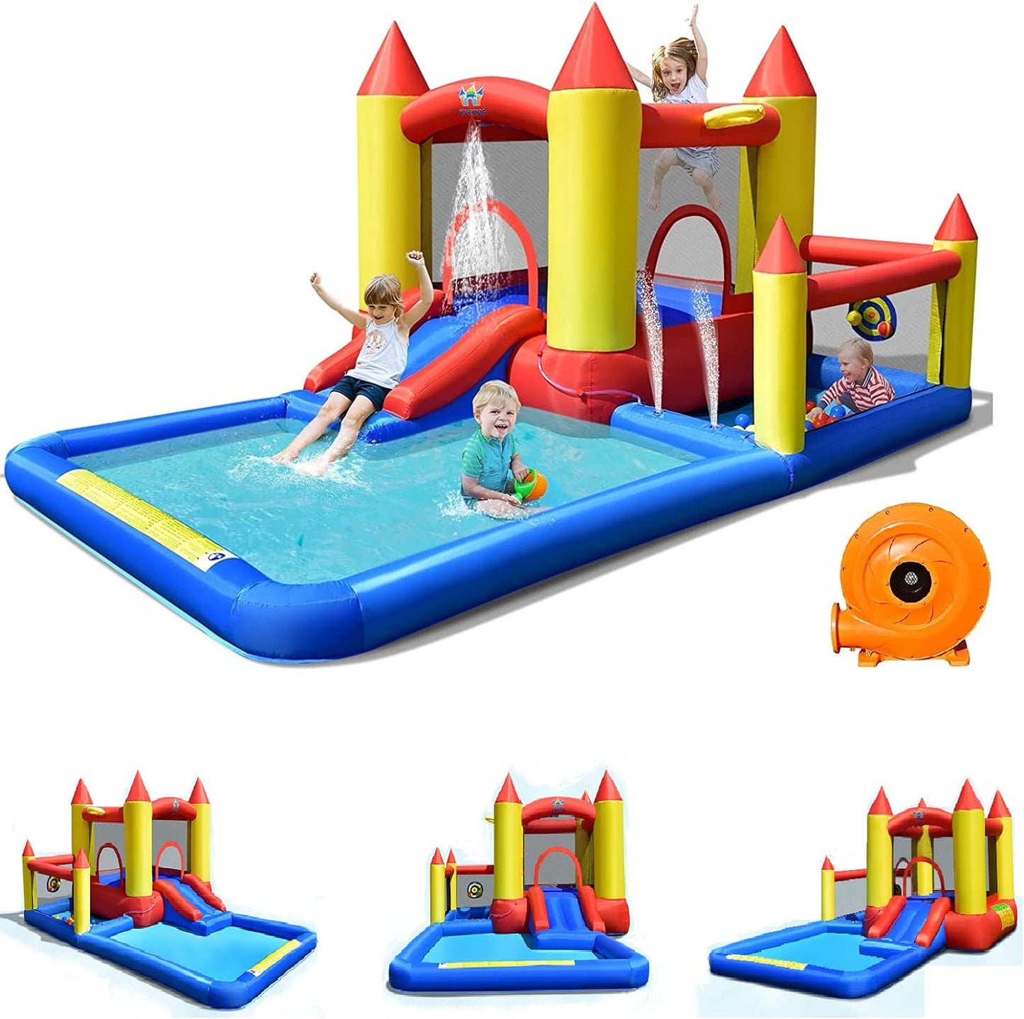 Inflatable Water Slide, Bounce House Water Slide with Ball Pit for Kids Backyard Fun W/735W Blower, Blow up Jump Bouncy Castle Water Slides Inflatables for Kids Boys Girls Outdoor Party Gifts