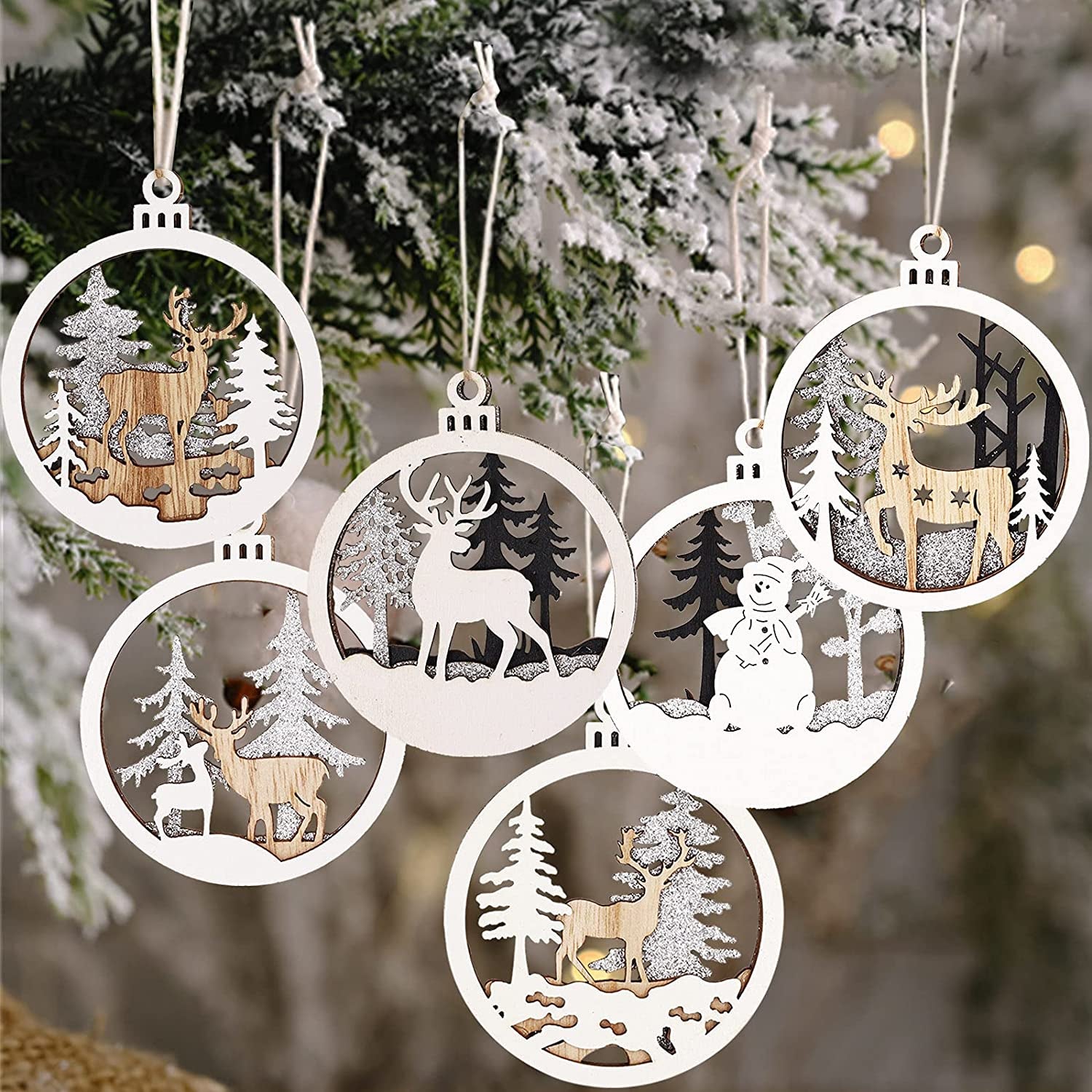 16Pcs Winter Christmas Hanging Ornaments for Tree - 3D Wooden Acrylic Christmas Cutouts Reindeer Snowman Snowflake Ornaments for Christmas Tree Gifts Winter Party Supplies