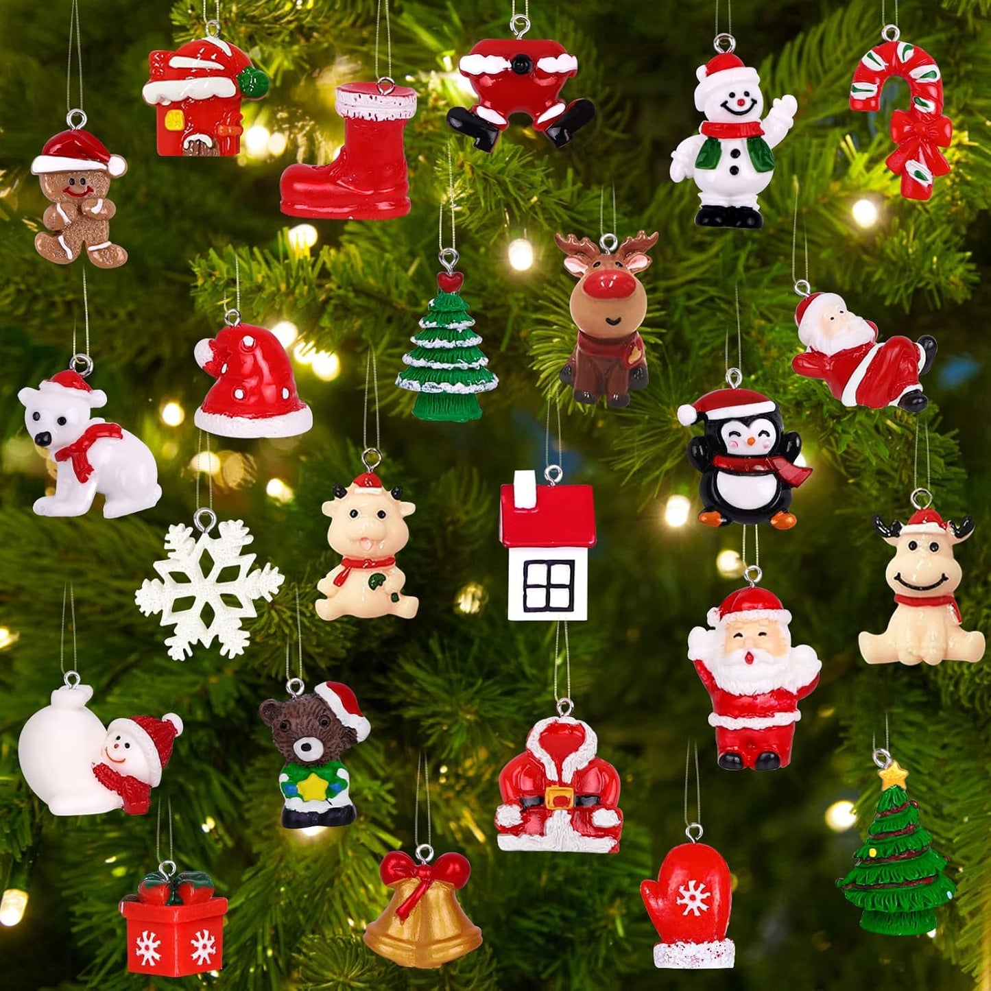 24Pcs Mini Christmas Ornaments Resin Set for Christmas Tree Decoration,Christmas Small 3D Resin Miniature Figurines for Christmas Hanging Ornaments Decoration