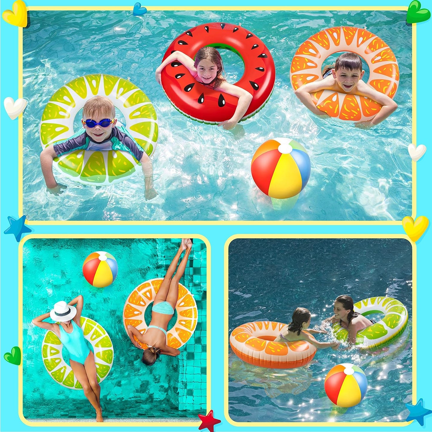 7PCS Fruit Pool Floats: Watermelon Kiwi Orange Lemon Swimming Rings with 13.5" Beach Balls - Inflatable Tubes Floaties Toys for Kids Adults