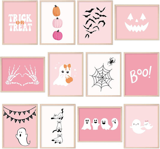 Halloween Wall Art Prints Pink Cute Ghost Boo Paper Posters Halloween Picture Decoration for Party Gallery Living Room Office, 8 X 10 Inch, Unframed