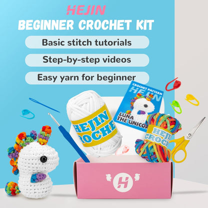 Crochet Kit for Beginners, Unicorn Crochet Kits for Kids and Adults Include Rainbow Yarn, Videos Tutorials, Eyes, and Crochet Hook - Crochet Animal Kit, Beginner Crochet Kit - Gift for Birthdays