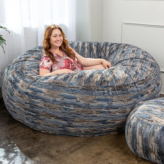 Saxx 6 Foot Giant Bean Bag Chair - Luxe Faux Fur, Indigo Fox