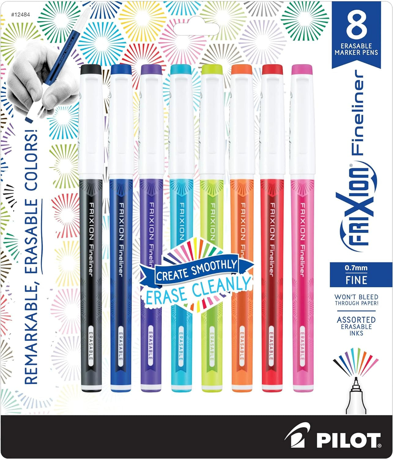 , Frixion Fineliner Erasable Marker Pens, Fine Point 0.7 Mm, Pack of 8, Assorted Colors