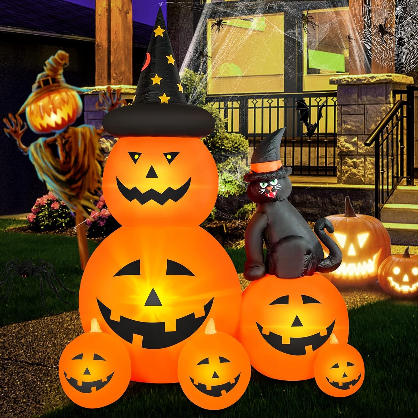 6 FT Halloween Inflatable Decorations Spooky Ghost Pumpkin Lighted and Witch'S Cat, Halloween Decorations Outdoor Inflatables Pumpkin Combo with Build-In LED Blow up Inflatables for Yard Garden