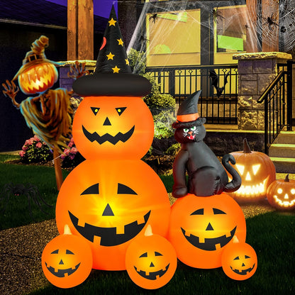 6 FT Halloween Inflatable Decorations Spooky Ghost Pumpkin Lighted and Witch'S Cat, Halloween Decorations Outdoor Inflatables Pumpkin Combo with Build-In LED Blow up Inflatables for Yard Garden