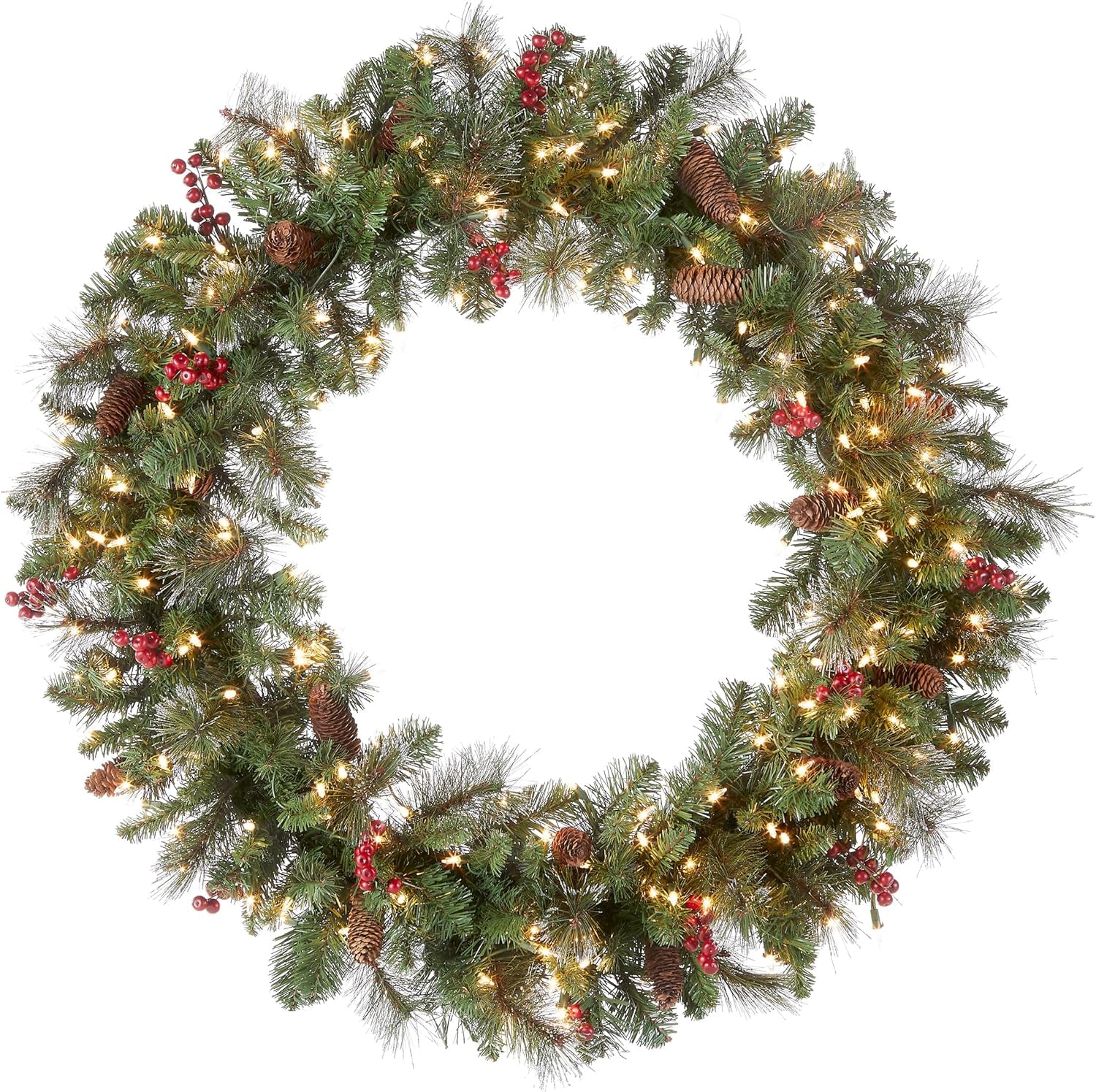 Pre-Lit Artificial Christmas Wreath, Green, Crestwood Spruce, White Lights, Decorated with Pine Cones, Berry Clusters, Frosted Branches, Christmas Collection, 36 Inches