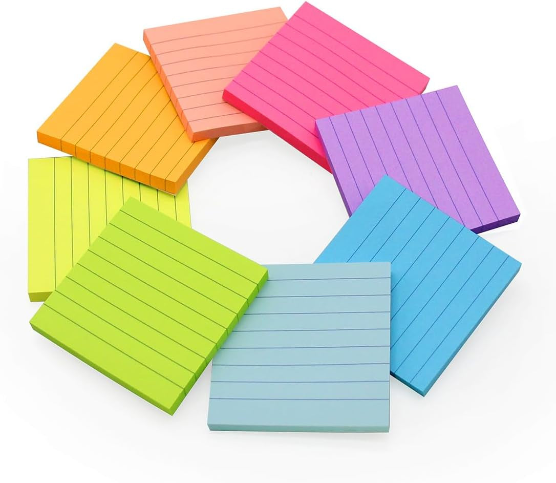 Lined Sticky Notes 3X3 in Bright Ruled Post Stickies Colorful Super Sticking Power Memo Pads, 82 Sheets/Pad, 8 Pads/Pack