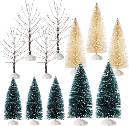 12 Pieces Christmas Tabletop Trees Halloween Village Trees Winter Snow Model Frost Trees Mini Trees Village Trees Christmas Tree Displays for Miniature Scenes Village Displays (Cute Style)