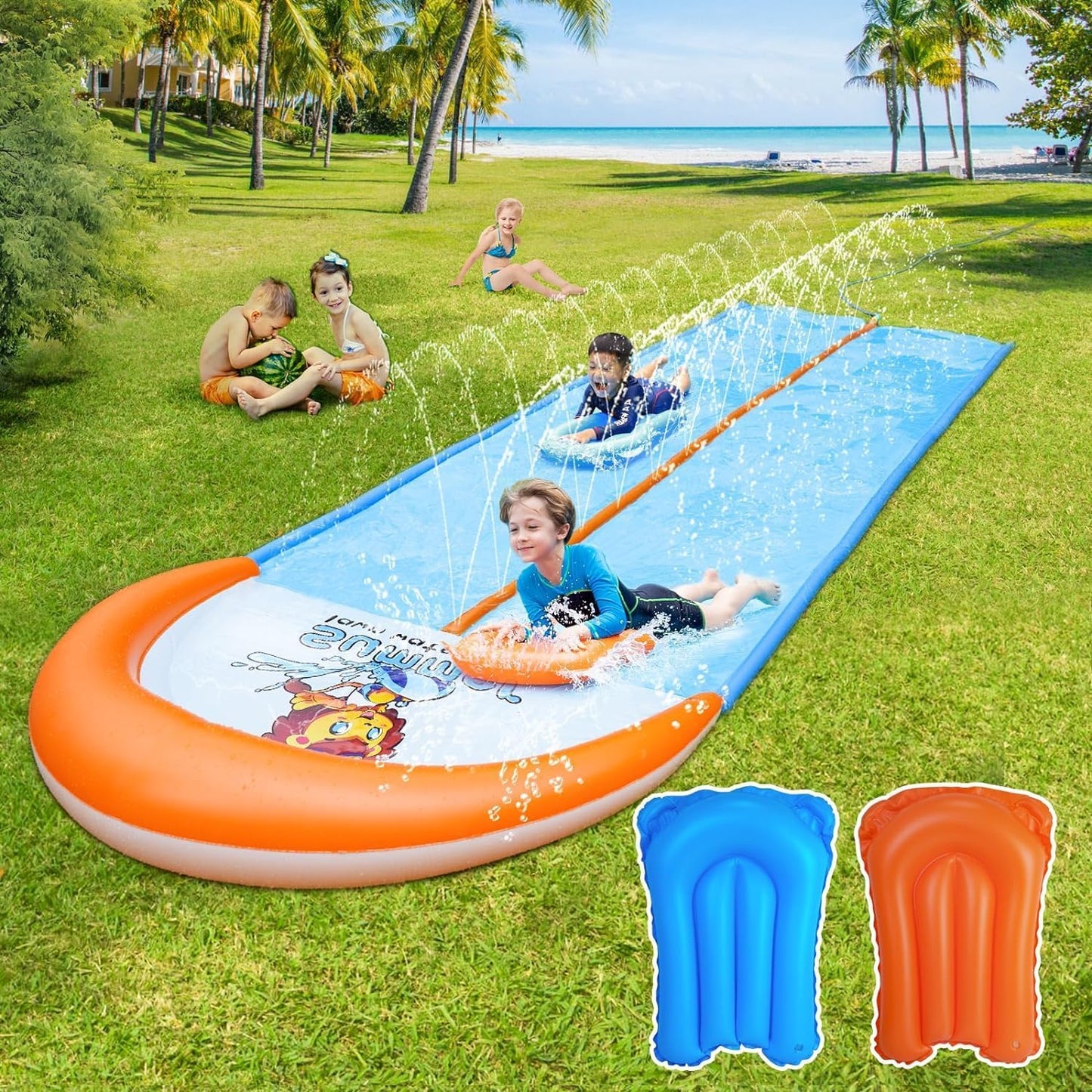 Slip Water and Slide, 15Ft Extra Long Lawn Water Slides for Kids Adults, Double Lanes Racing Backyard Summer Sprinkler and Splash Water Toy, XL Slip Waterslide with 2 Inflatable