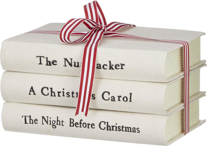 Set of 3 Stacked 8In Christmas Books Tied with Red and White Ribbon