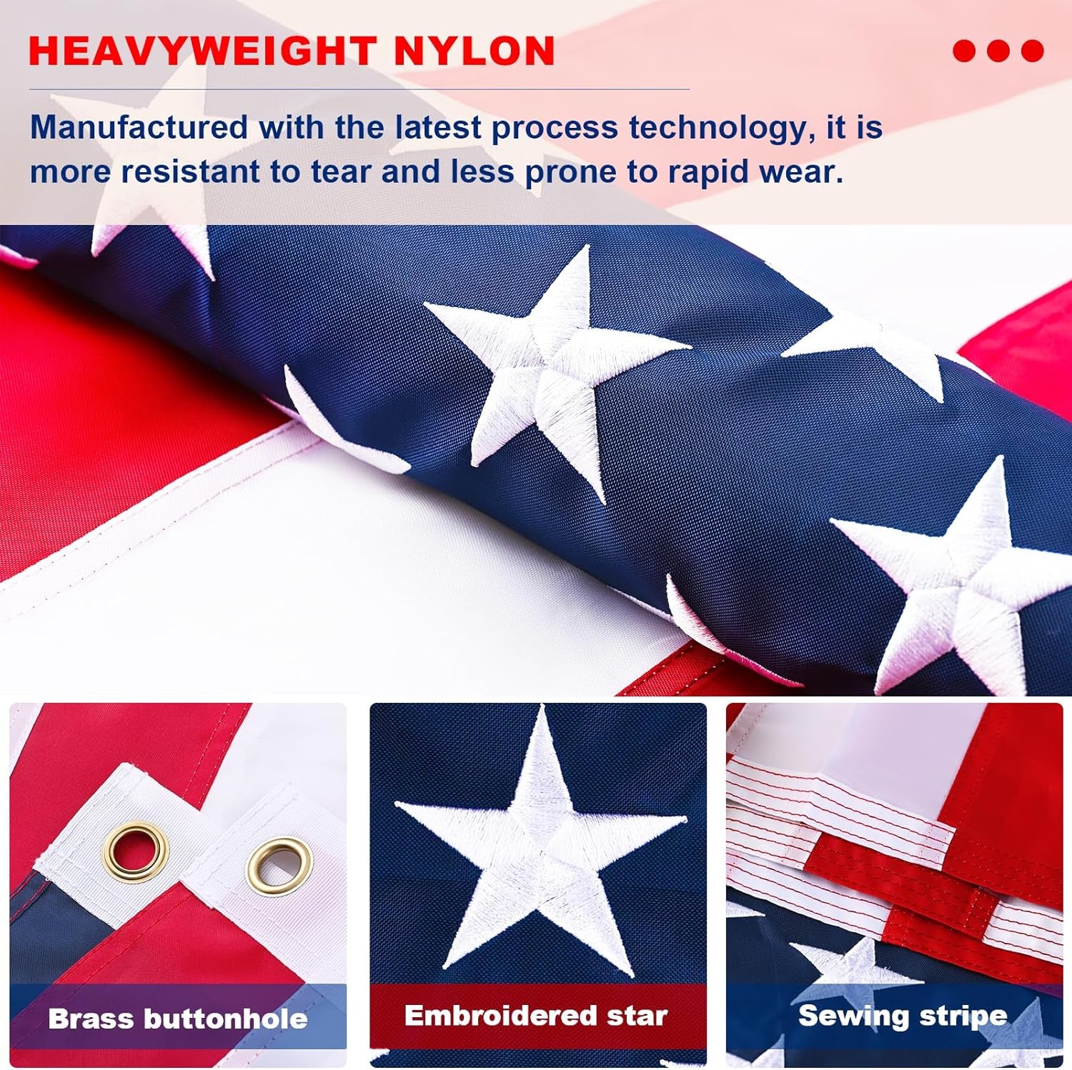 American Flag 3X5 FT Outdoor - USA Heavy Duty Nylon US Flags with Embroidered Stars, Sewn Stripes and Brass Grommets