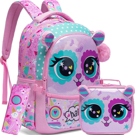 Cute Cat Backpacks for Girls School Bag Girls Backpacks Ages 8-10 with Lunch Box Kids Bookbag Set Travel Backpack for Preschool Kindergarten Elementary Students Backpack to School Supplies