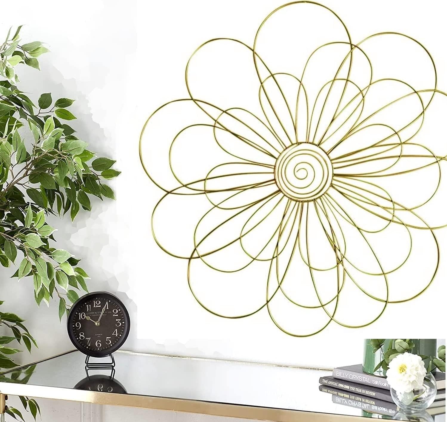 Metal Wall Art Modern Abstract Contemporary 3D Geometric Sculpture Flower Interior Designers Living Room Scroll Outdoor Garden Patio Backyard Boho Farmhouse Home Decor Golden 29 Inch